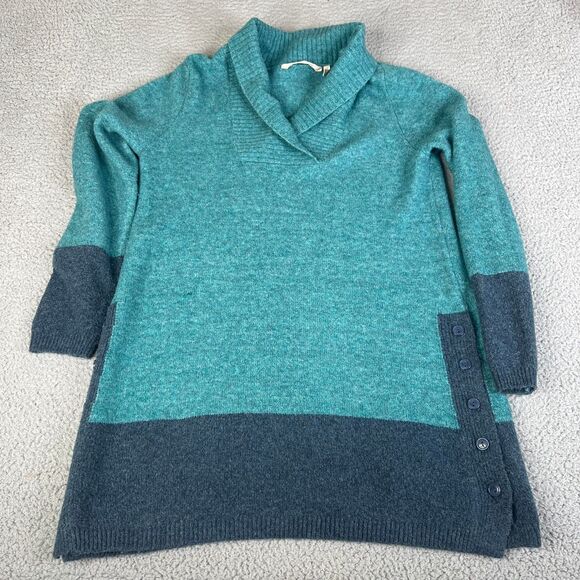 Soft Surroundings Tunic Sweater Women S Teal Wool Blend Side Button Shawl Collar - Picture 2 of 14